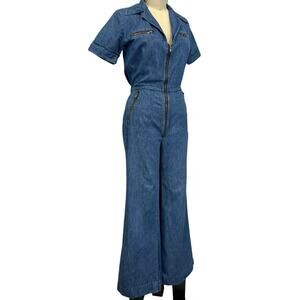 Vintage 1970s Male Denim Bell Bottom Jumpsuit Zip Up Collared Utility Sz 9/10